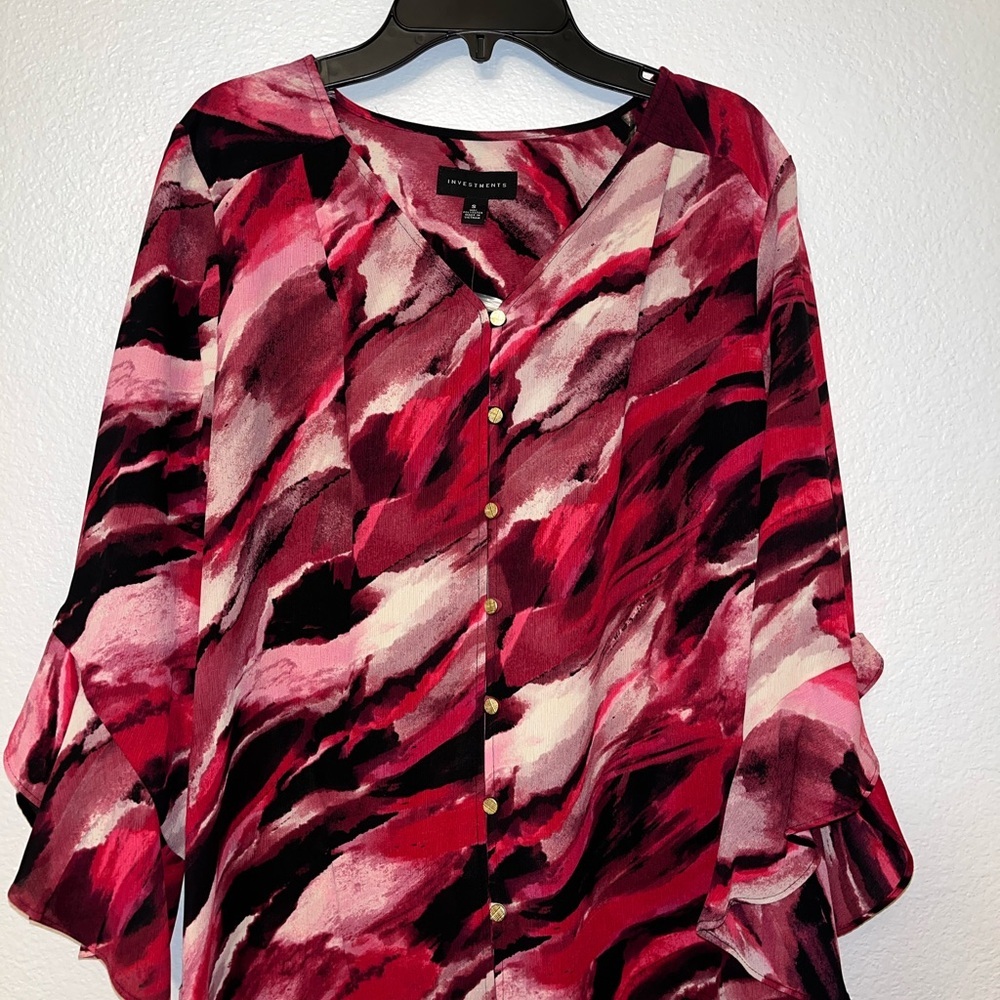 Investments Red Pink Abstract Print Button-Front Blouse